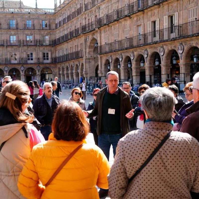 Mark presenta la visita a los asistentes en la Plaza Mayor. Fotografía LAYA Mark presenta la visita a los asistentes en la Plaza Mayor. Fotografía LAYA
